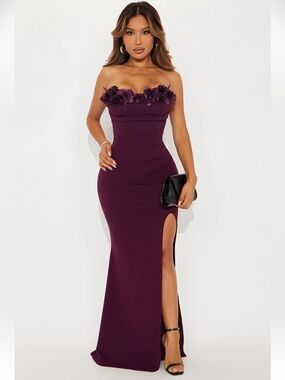 Strapless Floral-Trim Evening Gown in Plum